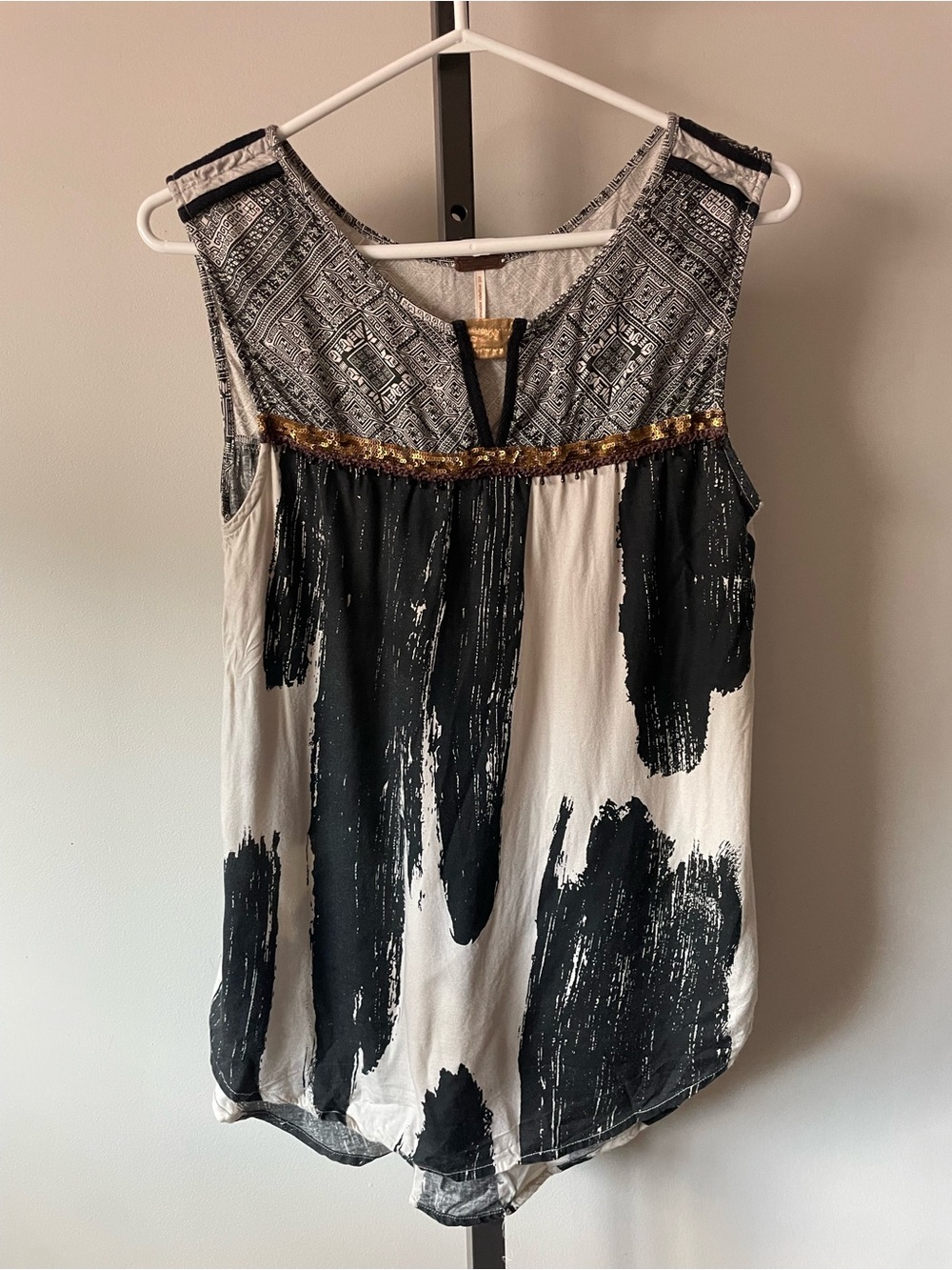Temperance Boho Mixed Print Sequin Trim Tunic Long Longline Tank Top S